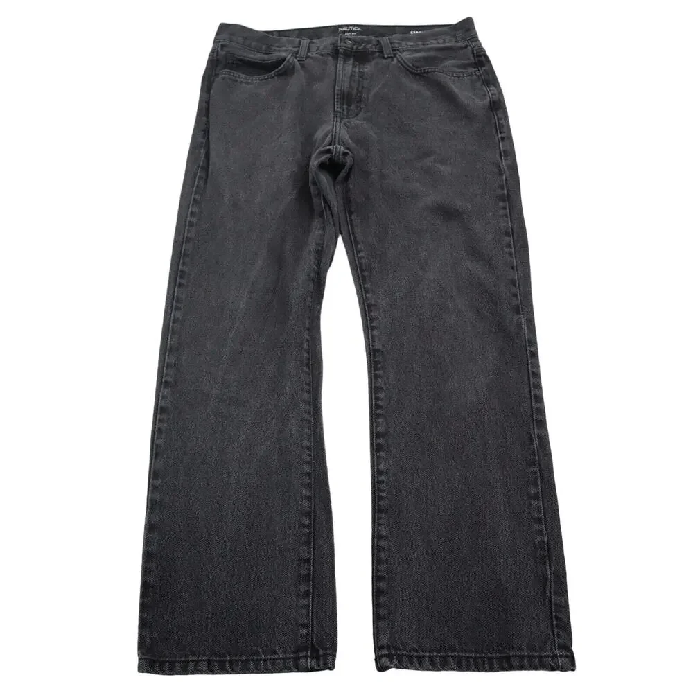 Nautica Pants Mens 34 Black Straight Mid Rise Cotton Pocket Charcoal Denim Jeans